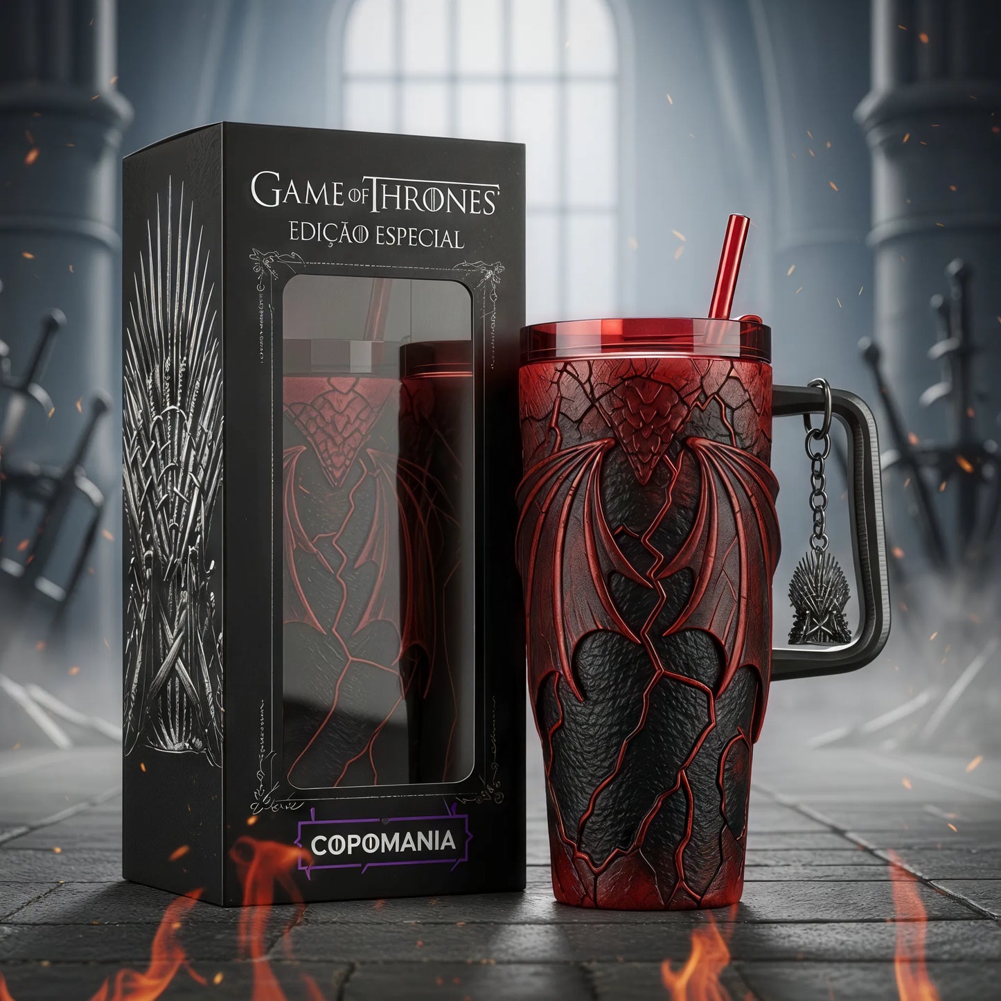 đ Copo TĂ©rmico Game of Thrones â DragĂŁo Targaryen + Pingente Trono 1,15 L